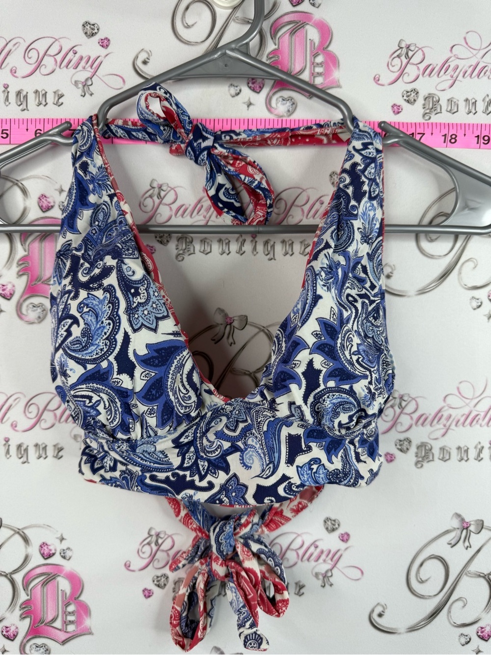 La Vie En Rose bikini top reversible Blue red White Paisley Halter Bikini Top